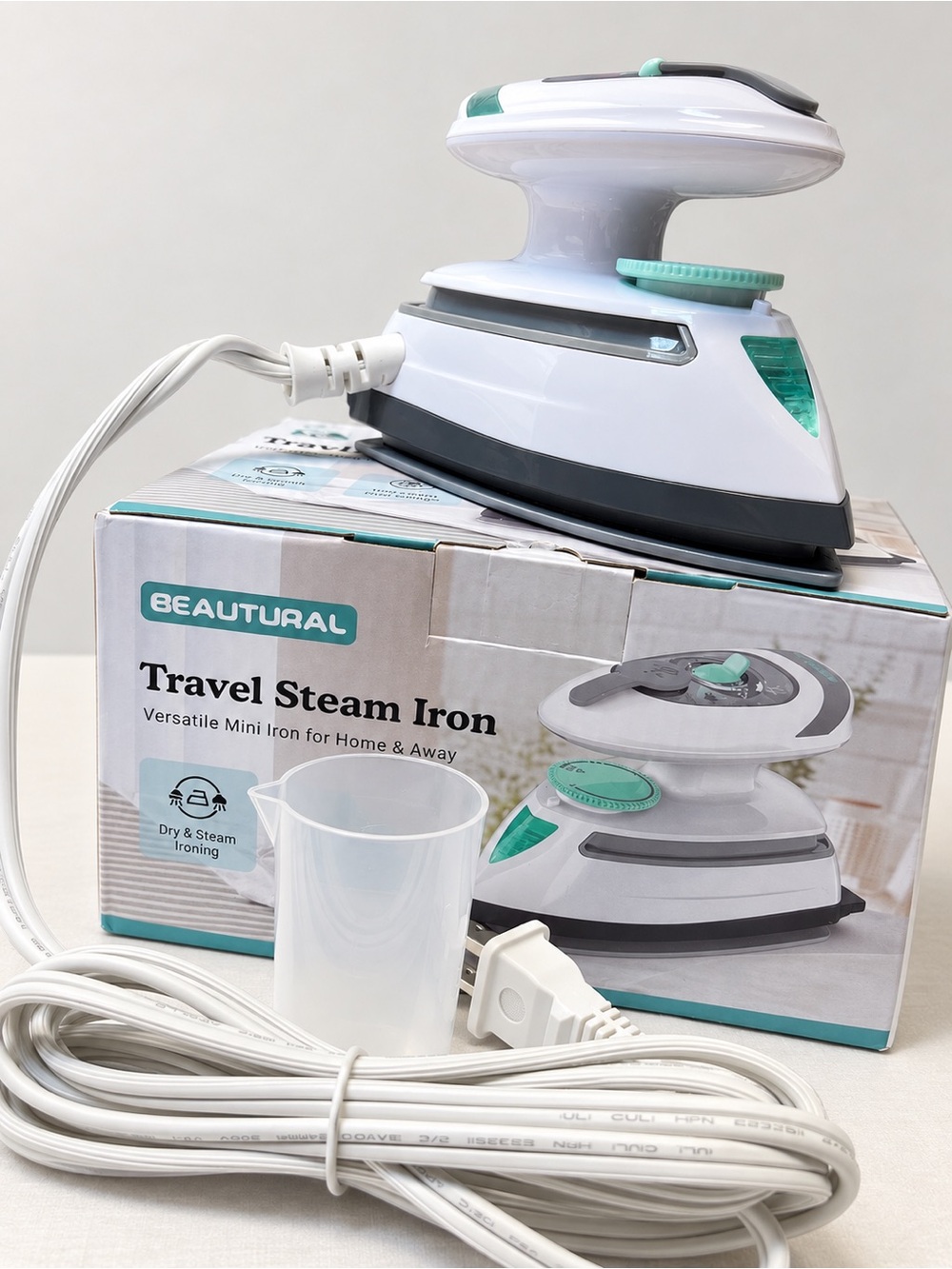 Travel Steam Iron in White & Teal - Mini Portable Iron